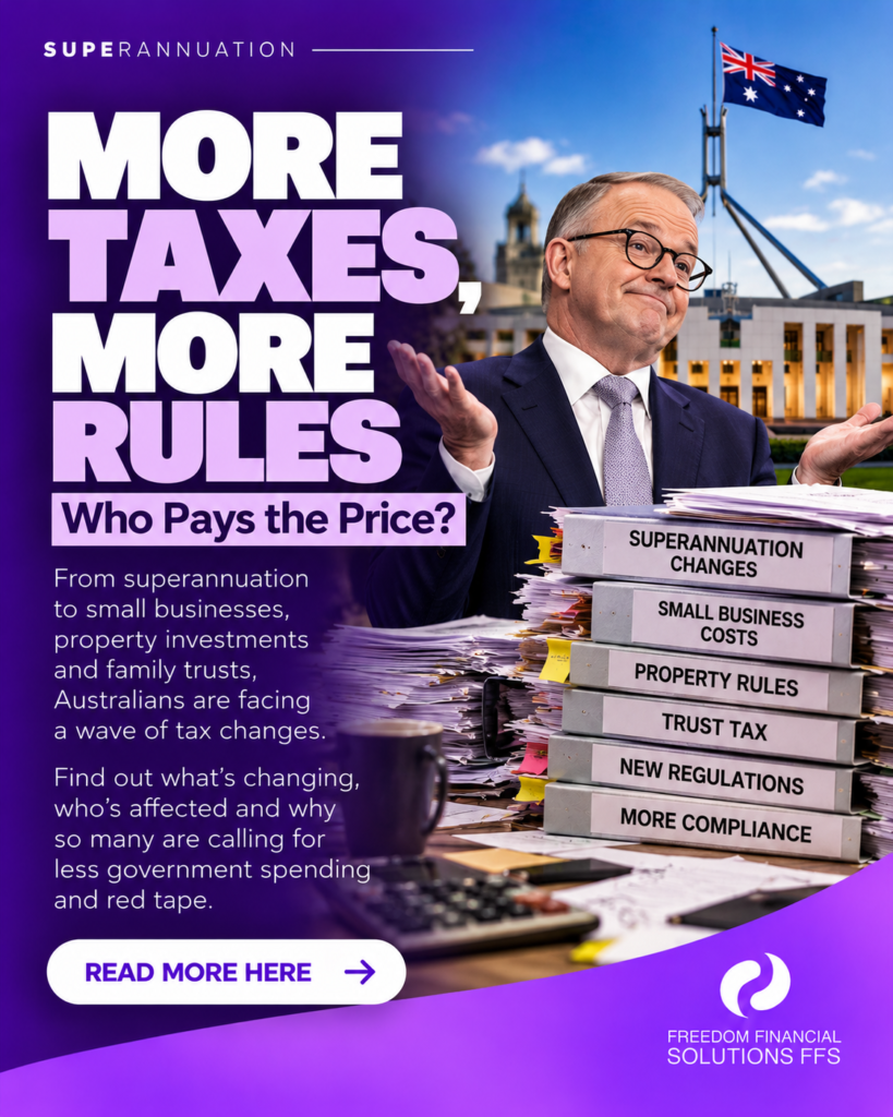 Australian Prime Minister Anthony Albanese depicted shrugging in front of Parliament House, surrounded by paperwork representing tax changes, superannuation, small business costs and new regulations. Freedom Financial Solutions article: More Taxes, More Rules, Who Pays the Price?